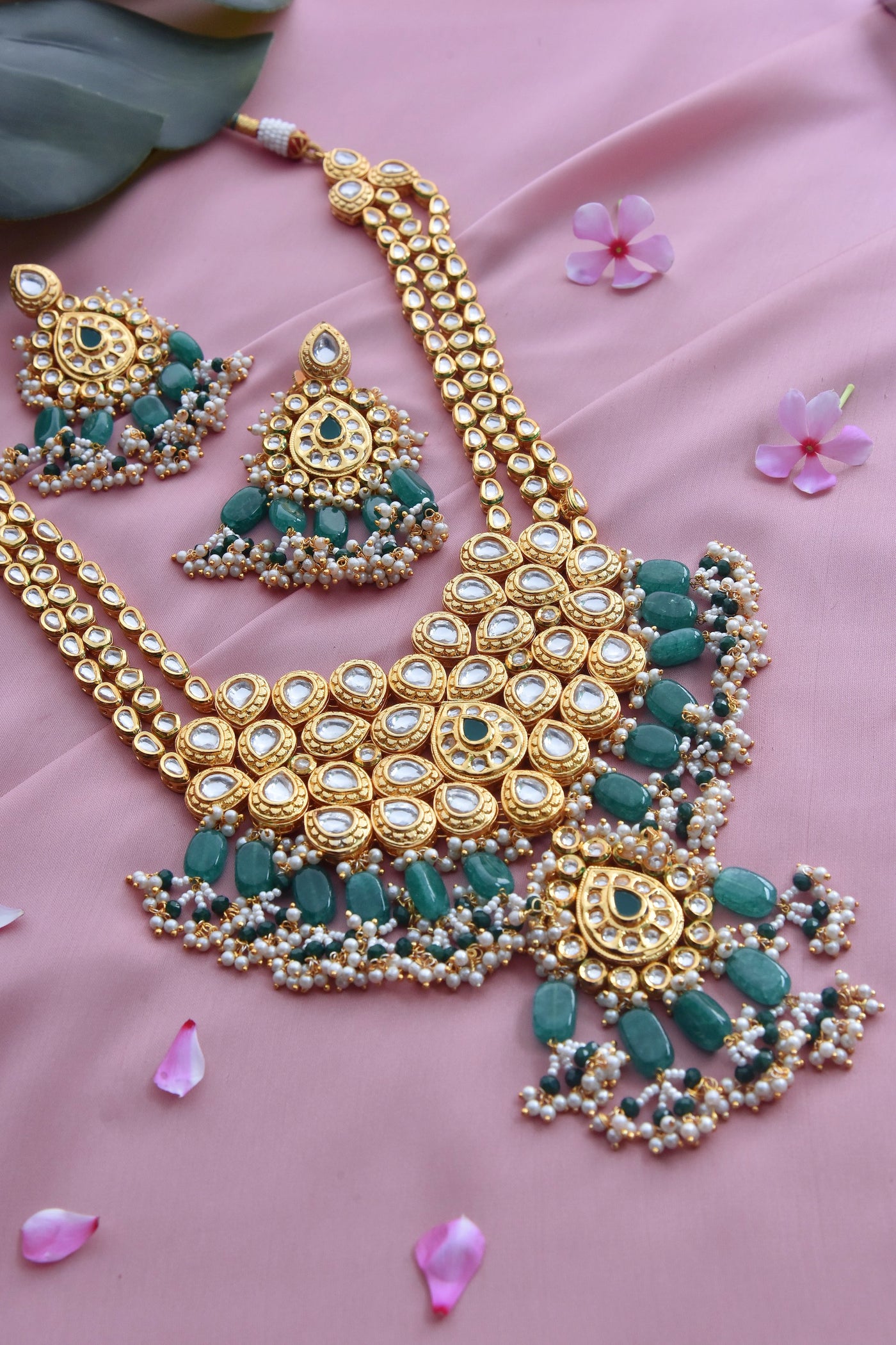 Driya Green Gold Plated Kundan Long Necklace Set
