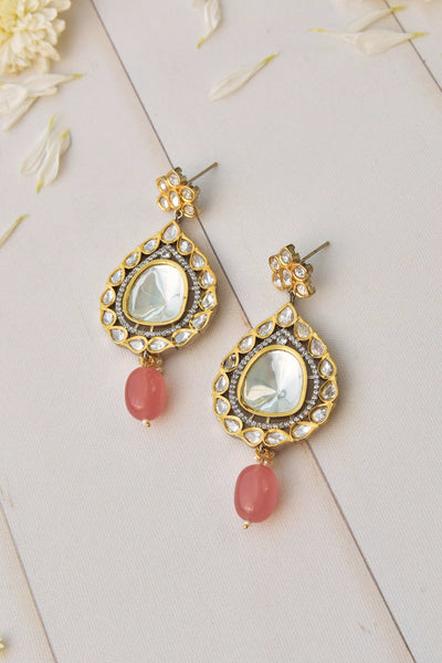 Farida Pink Gold Plated Polki Dangler Earrings