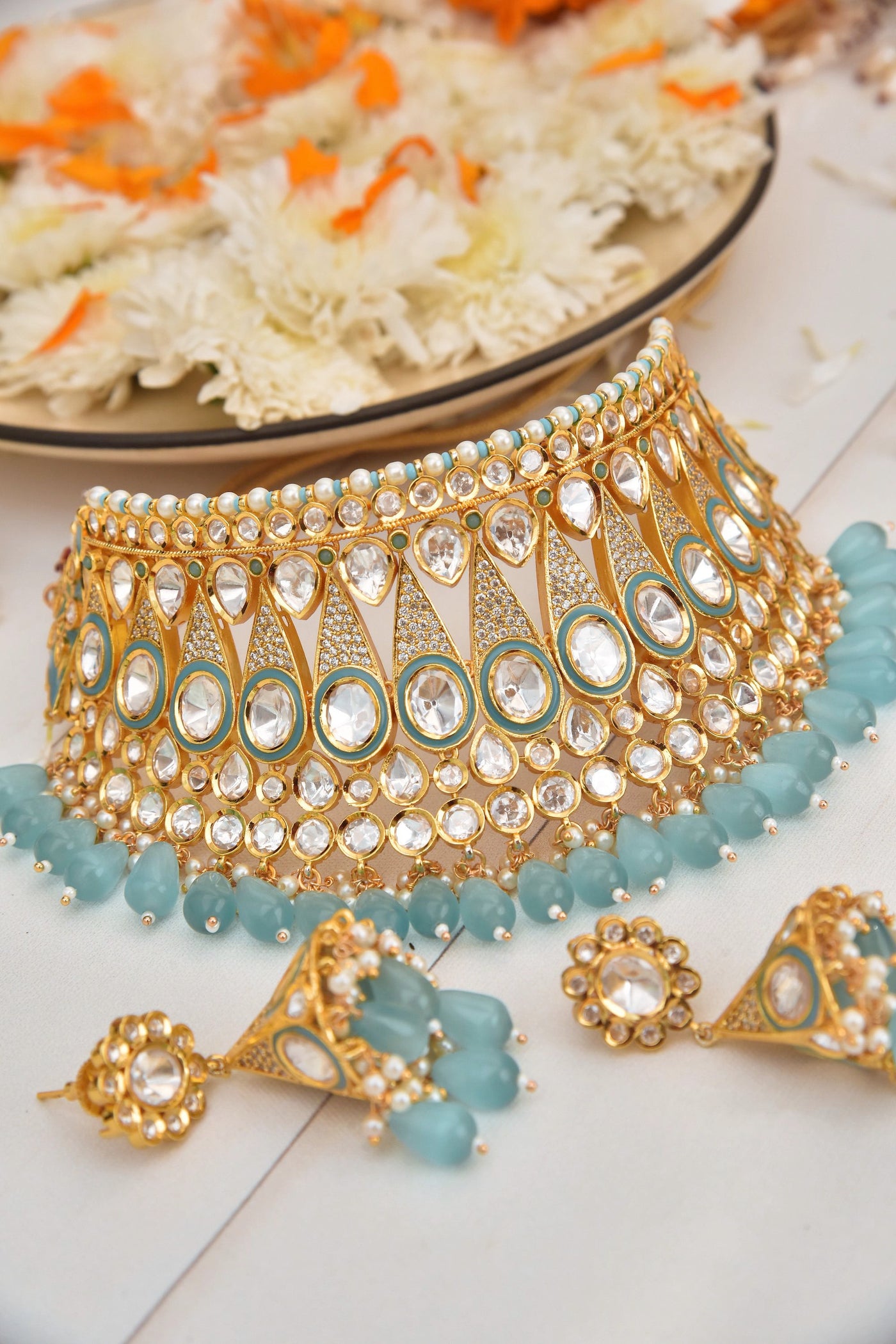 Kanisha Blue Gold Plated Polki Choker Necklace Set