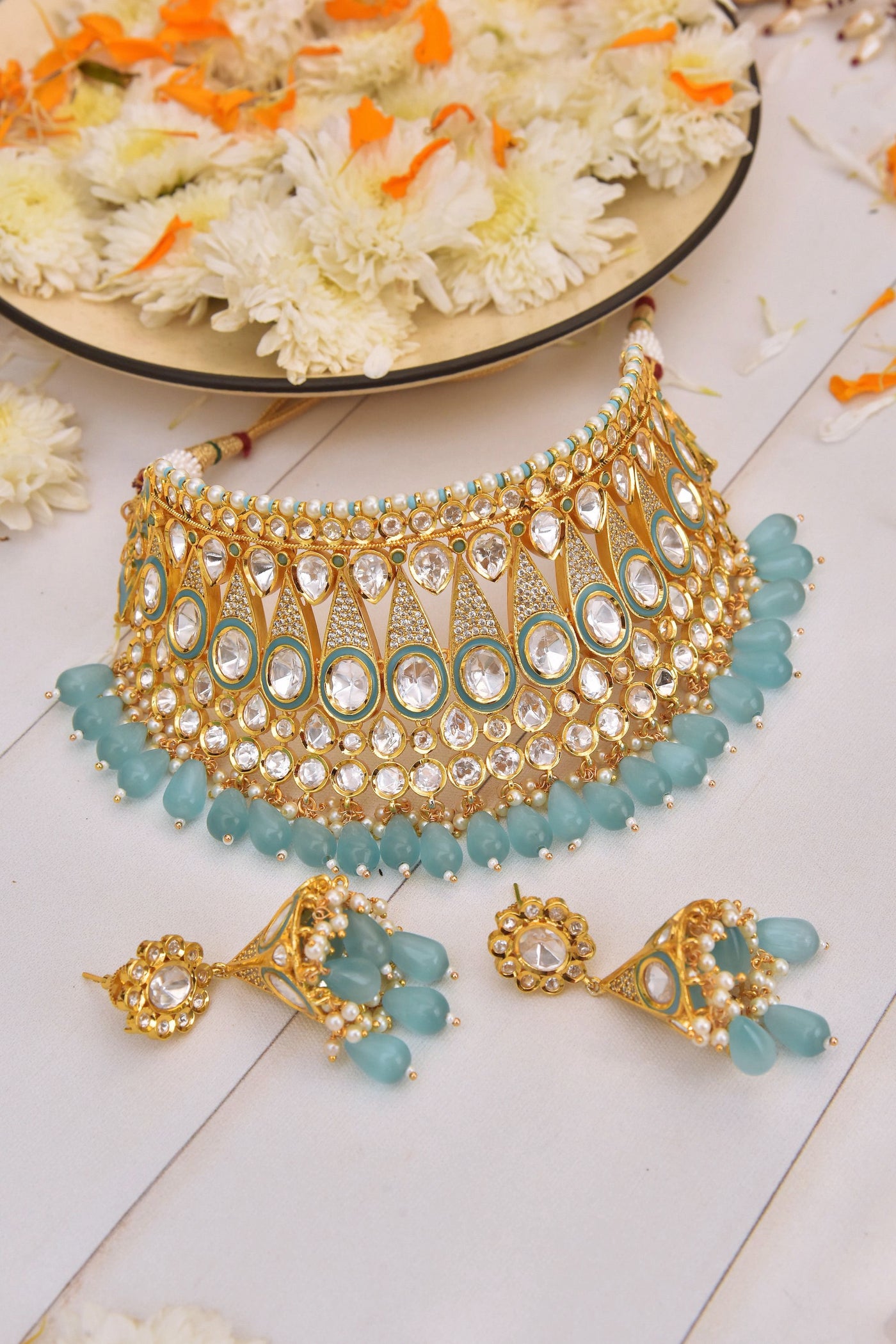 Kanisha Blue Gold Plated Polki Choker Necklace Set