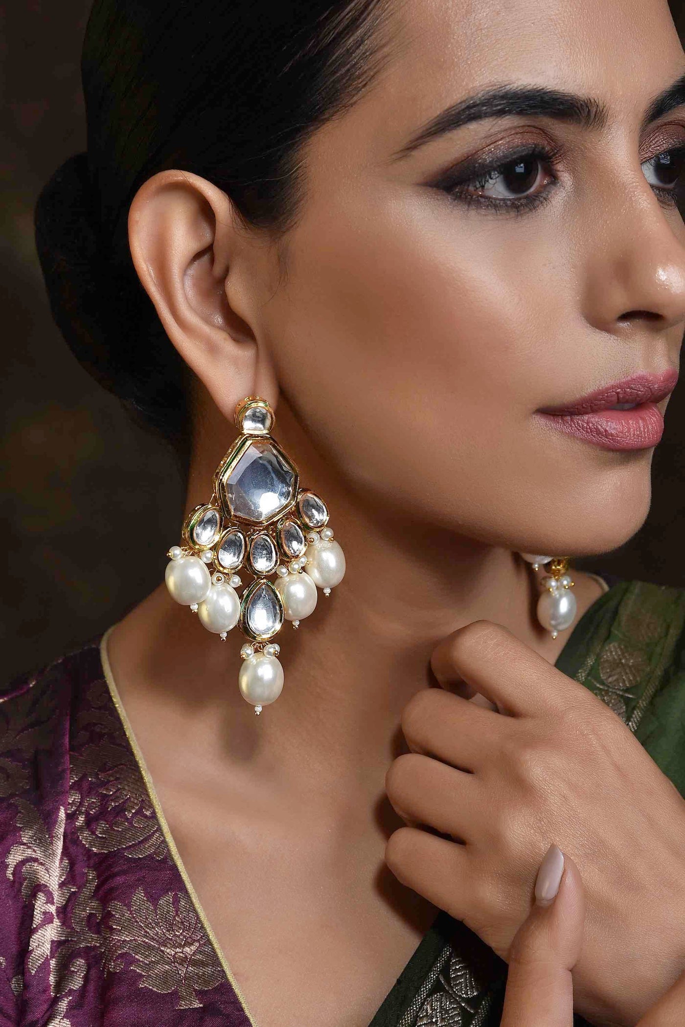 Adharsha White Gold Plated Polki Dangler Earrings