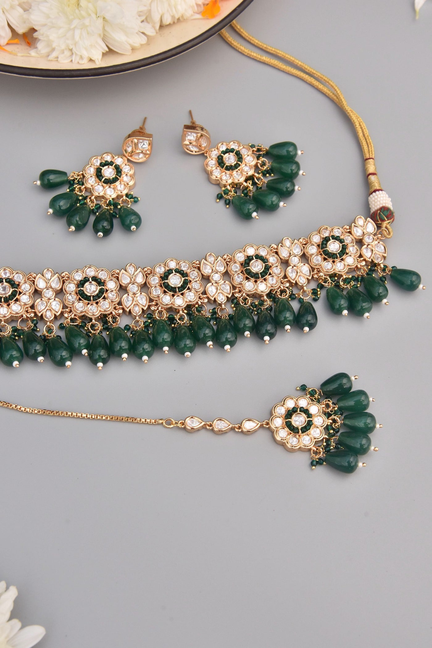 Famia Green Gold Plated Kundan Choker Necklace Set