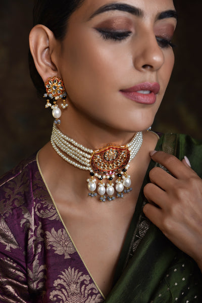 Mahoor Red Gold Plated Kundan Choker Necklace Set