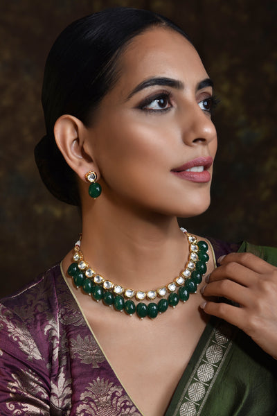 Shereena Green Gold Plated Kundan Short Necklace Set