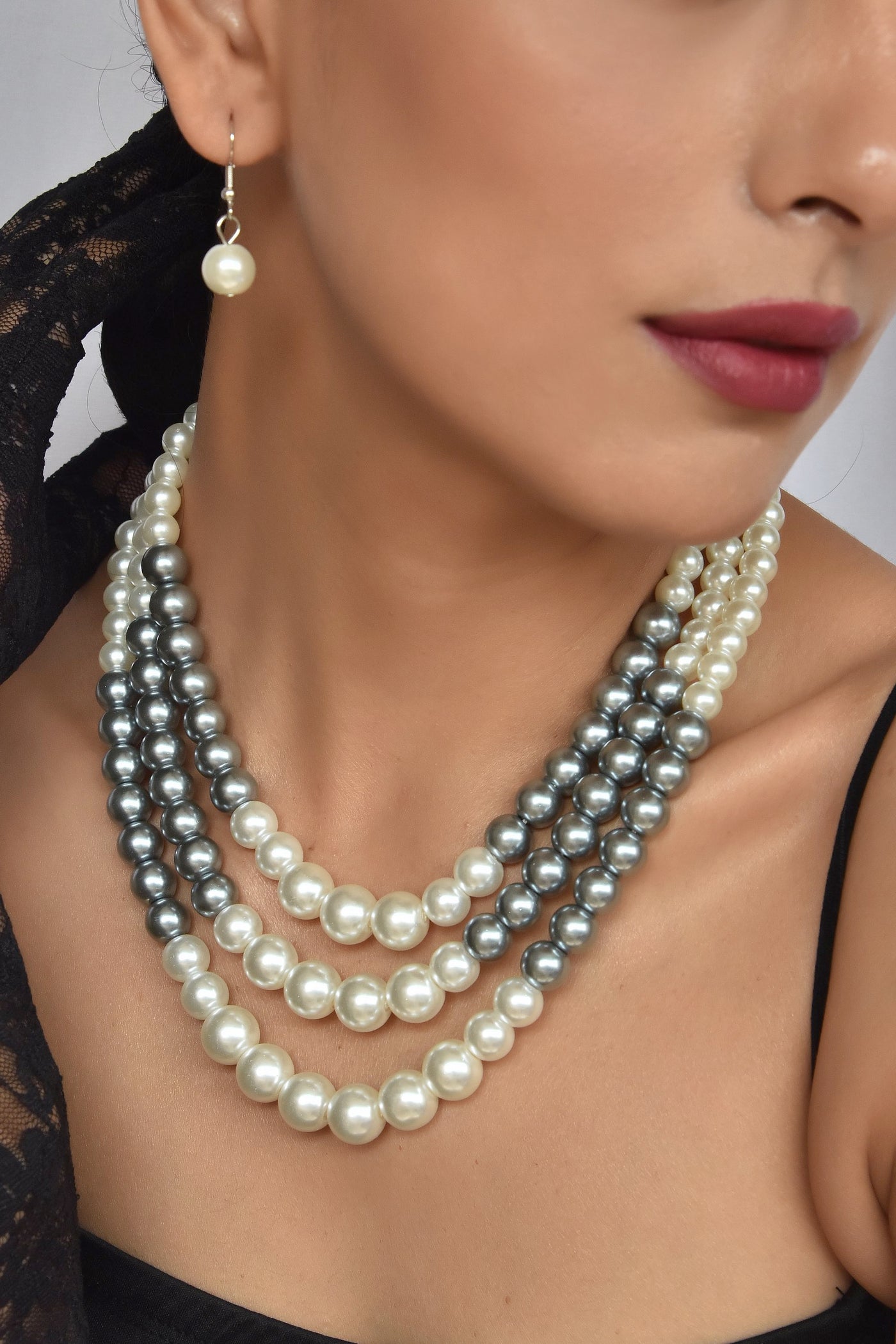 Orean Grey and White Pearl Layered Necklace Set