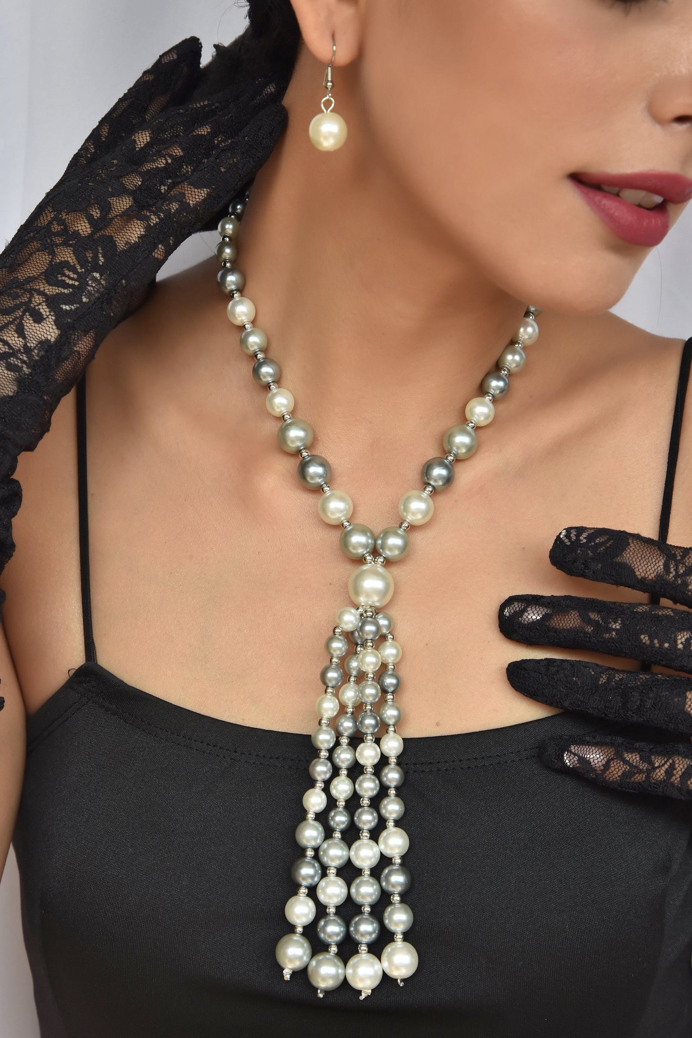 Kwen Grey and White Pearl Long Necklace Set