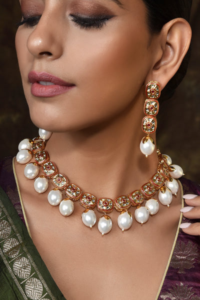 Shifira Red Gold Plated Pearl Short Necklace Set