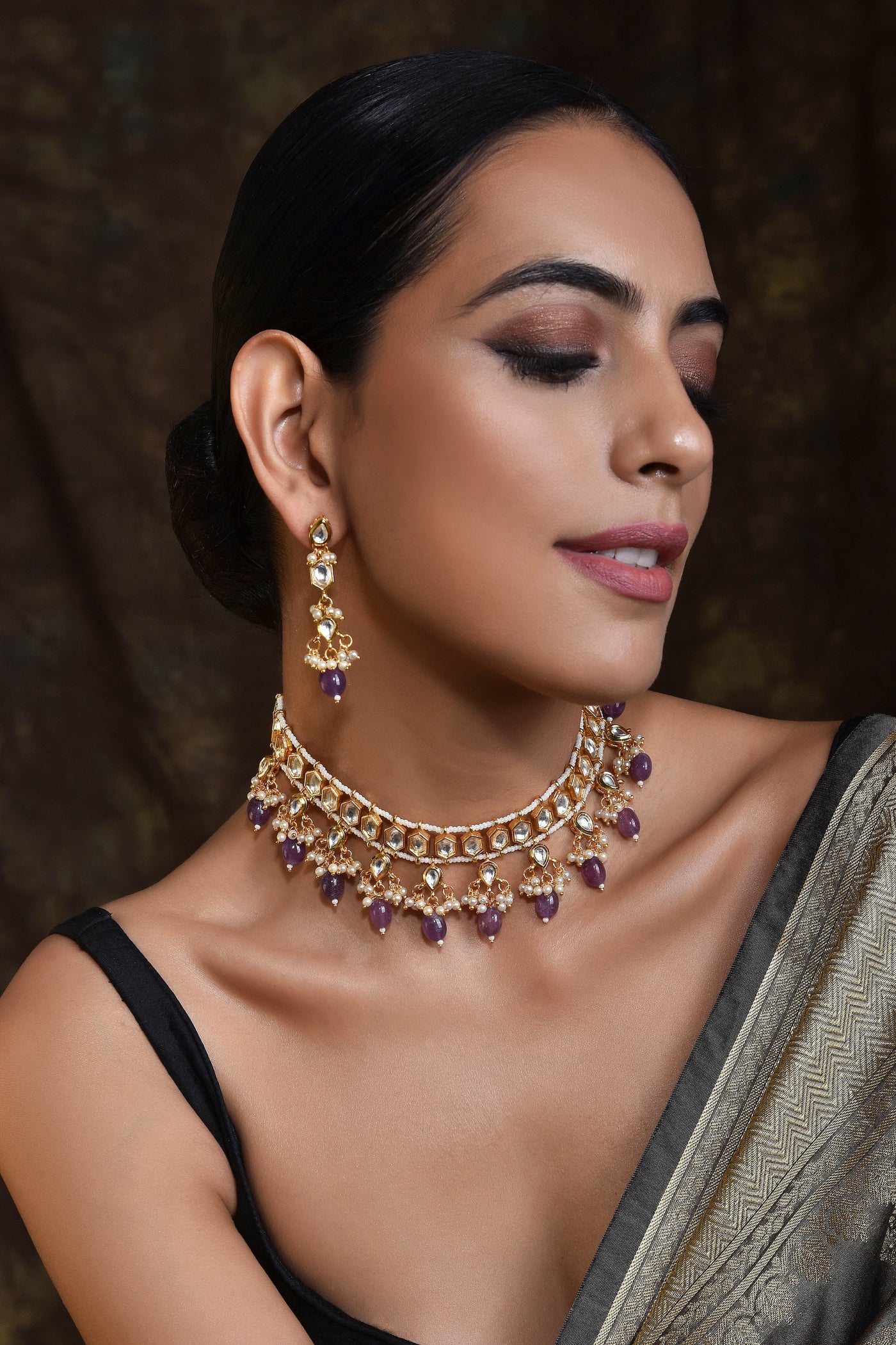 Pankti Purple Gold Plated Kundan Necklace Set