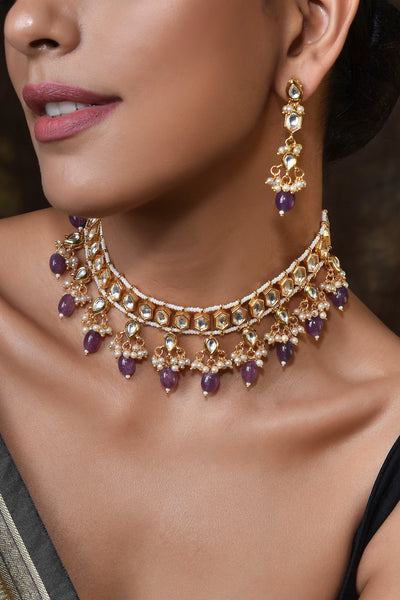 Pankti Purple Gold Plated Kundan Necklace Set