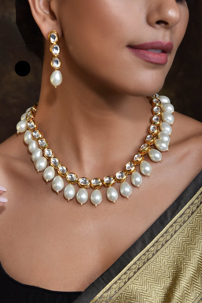 Abishtha White Gold Plated Pearl Short Necklace Set