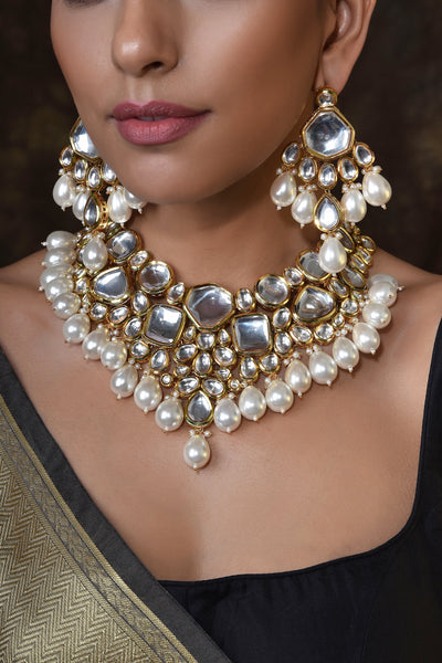 Adharsha White Gold Plated Polki Short Necklace Set