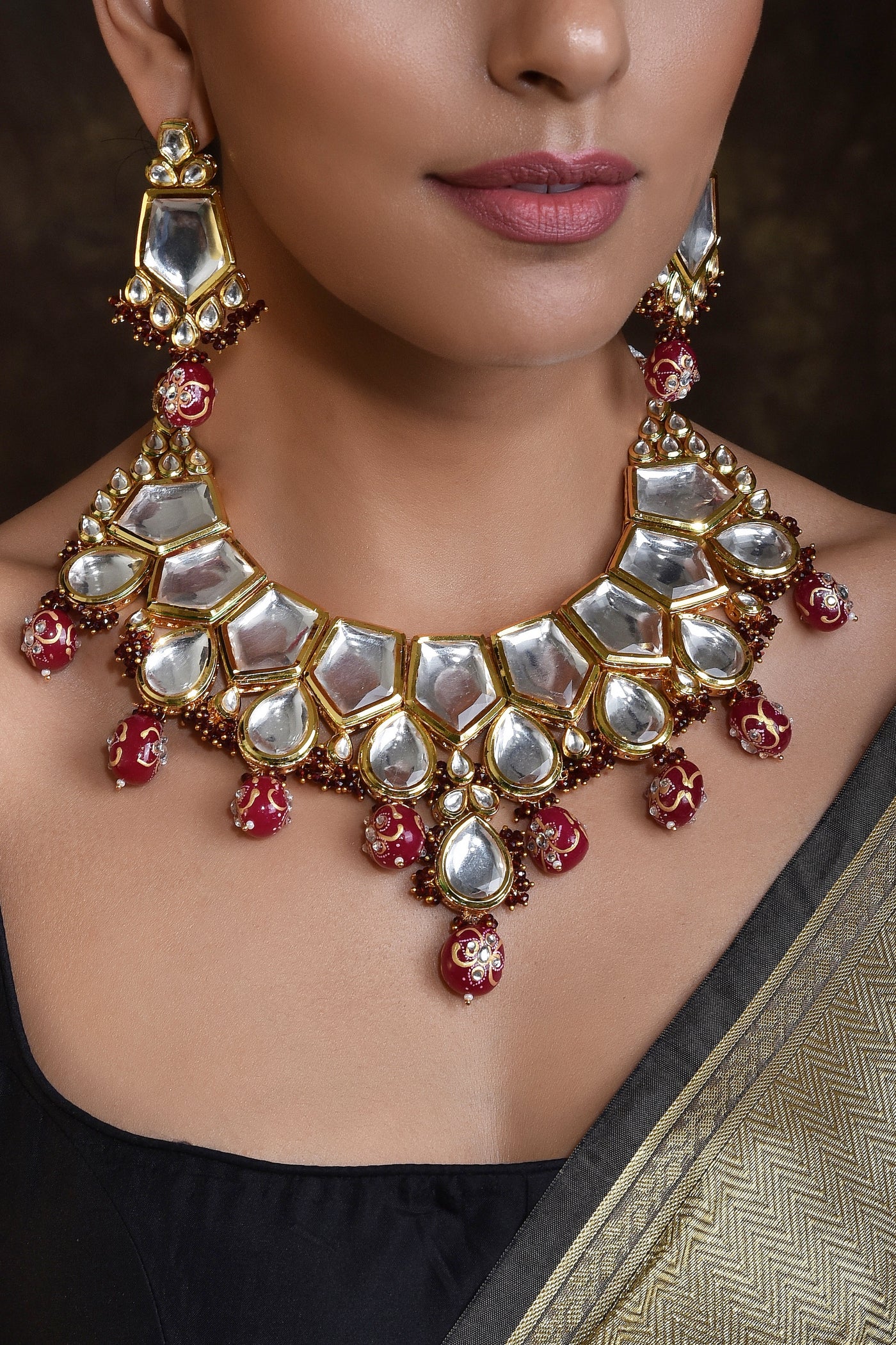 Ramani Red Gold Plated Polki Short Necklace Set