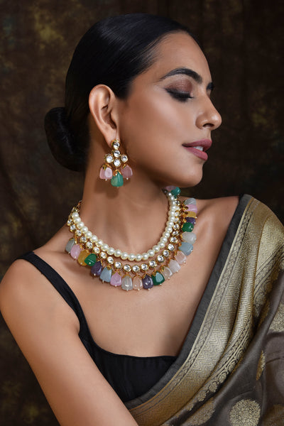 Bhaaneri Multicolor Gold Plated Pearl Short Necklace Set