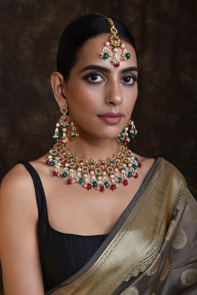 Aaruna Multicolor Gold Plated Kundan Choker Necklace Set