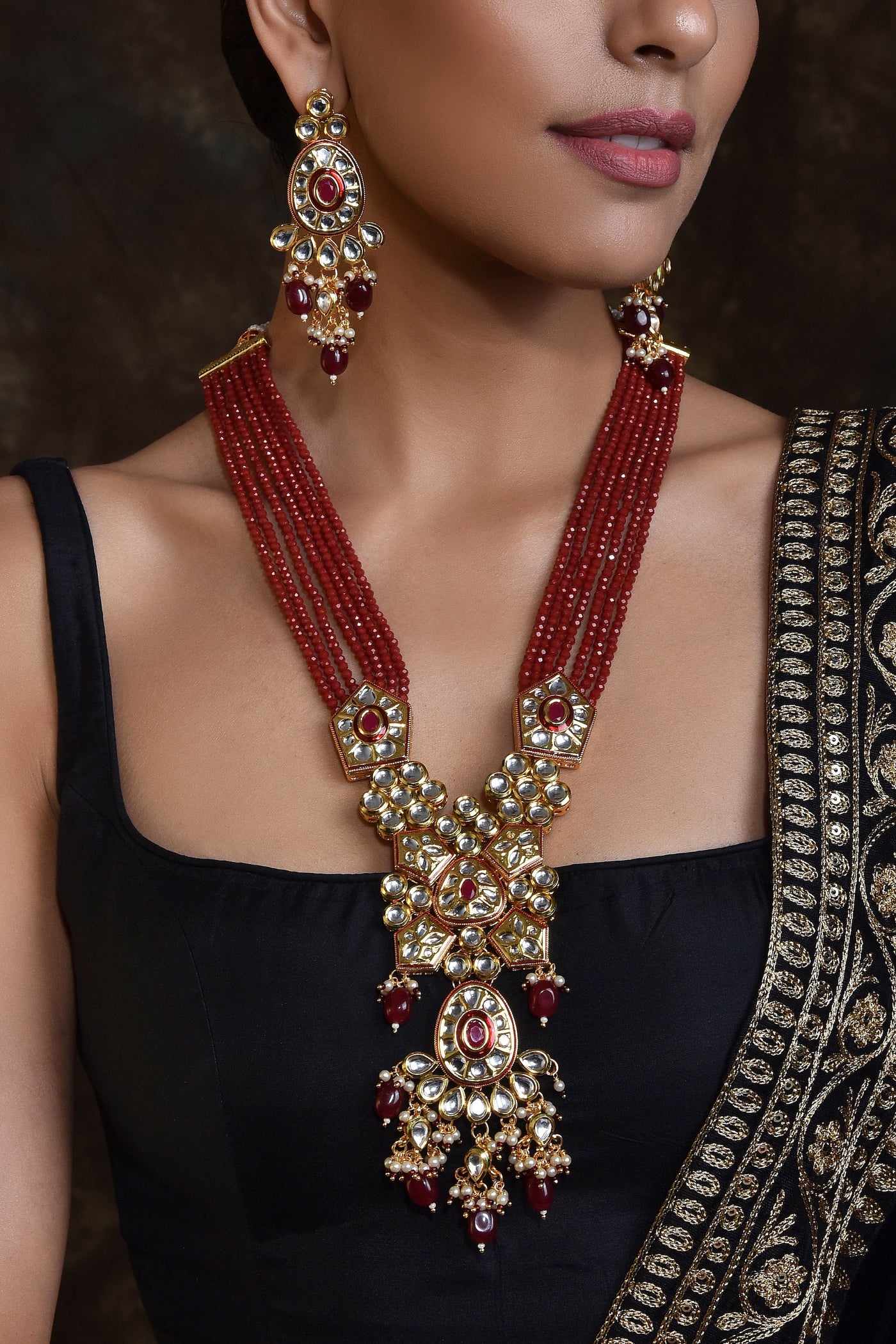 Pinashika Red Gold Plated Kundan Long Necklace Set