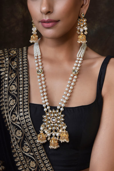 Palak White Gold Plated Kundan Long Necklace Set