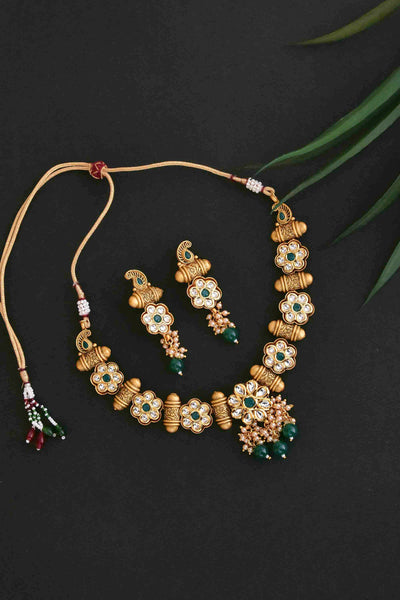 Yada Green Gold Plated Temple Work Short Necklace Set