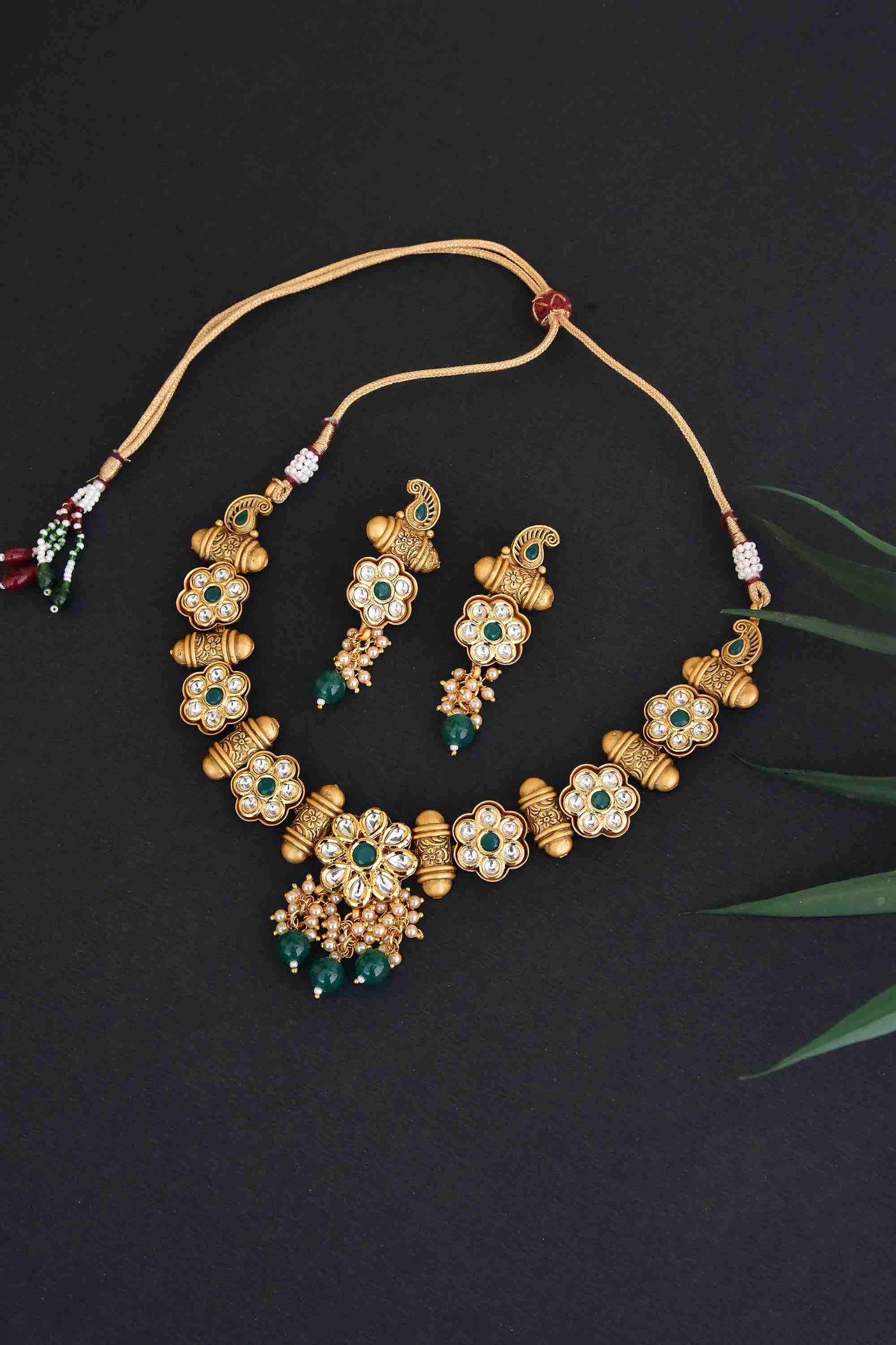Yada Green Gold Plated Temple Work Short Necklace Set