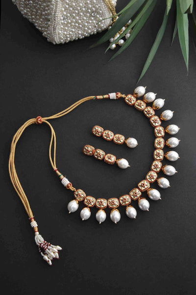 Shifira Red Gold Plated Pearl Short Necklace Set