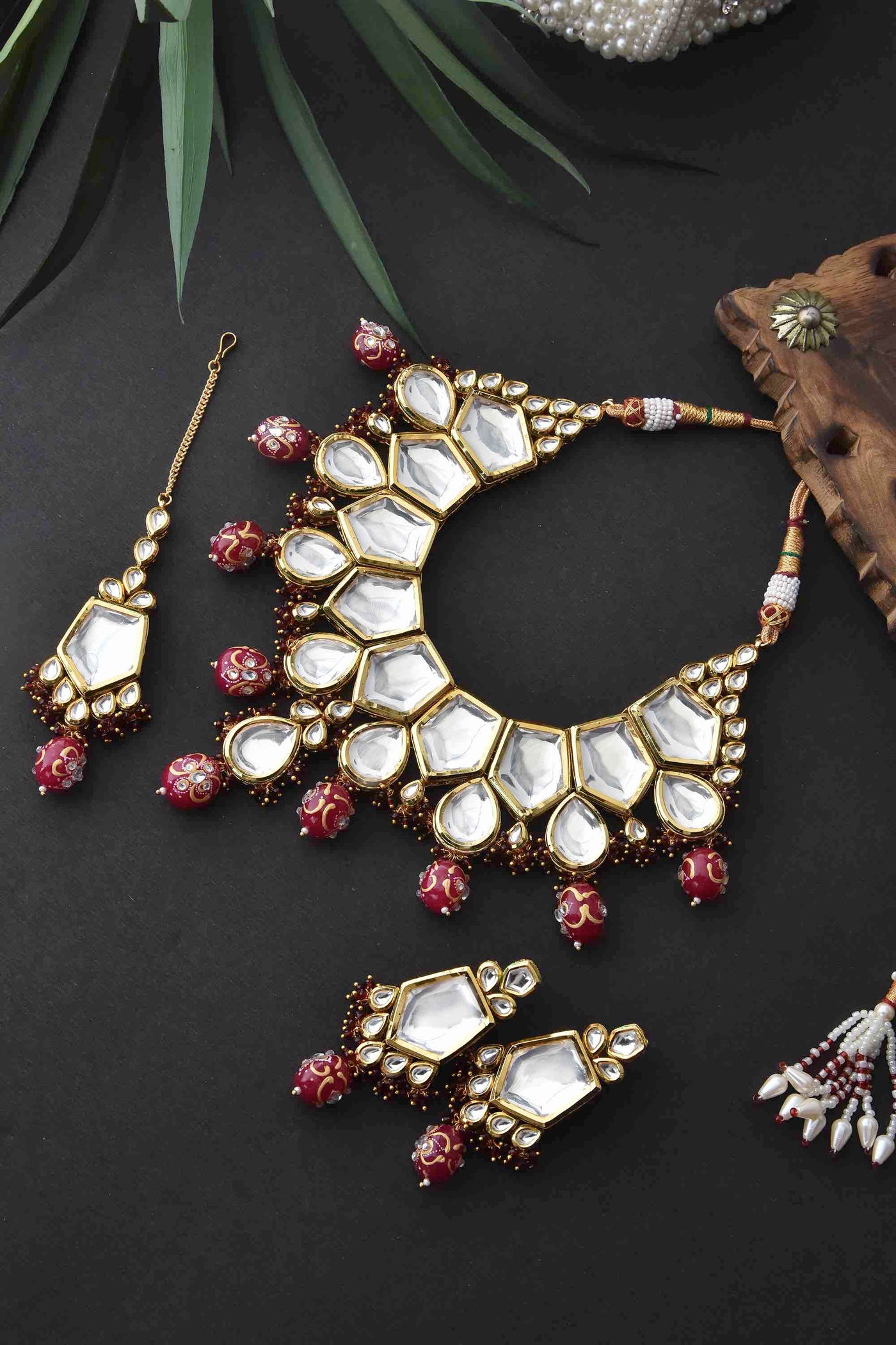 Ramani Red Gold Plated Polki Short Necklace Set