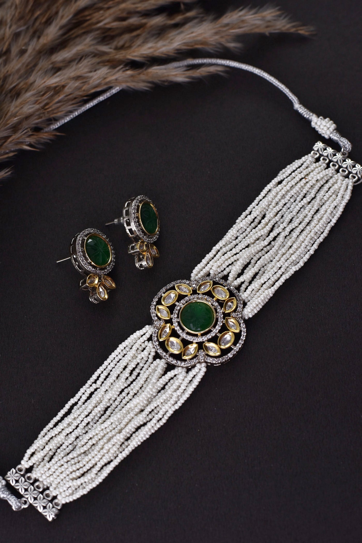 Ombre Green Silver Plated Polki Choker Set