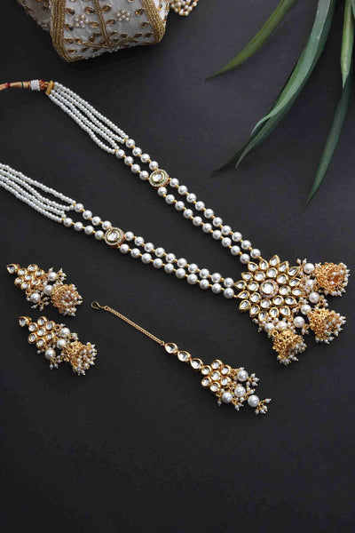 Palak White Gold Plated Kundan Long Necklace Set