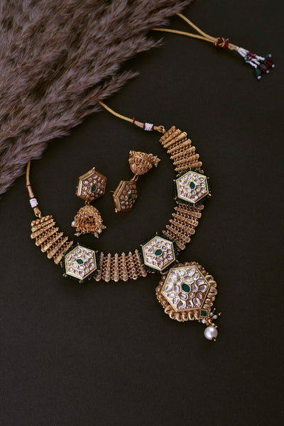 Rajshri Green Kundan Temple Necklace Set