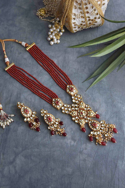 Pinashika Red Gold Plated Kundan Long Necklace Set