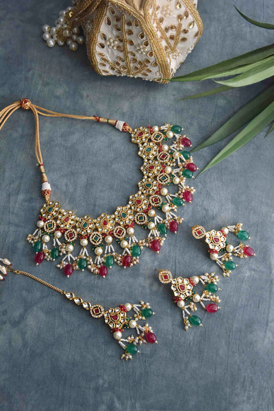 Aaruna Multicolor Gold Plated Kundan Choker Necklace Set