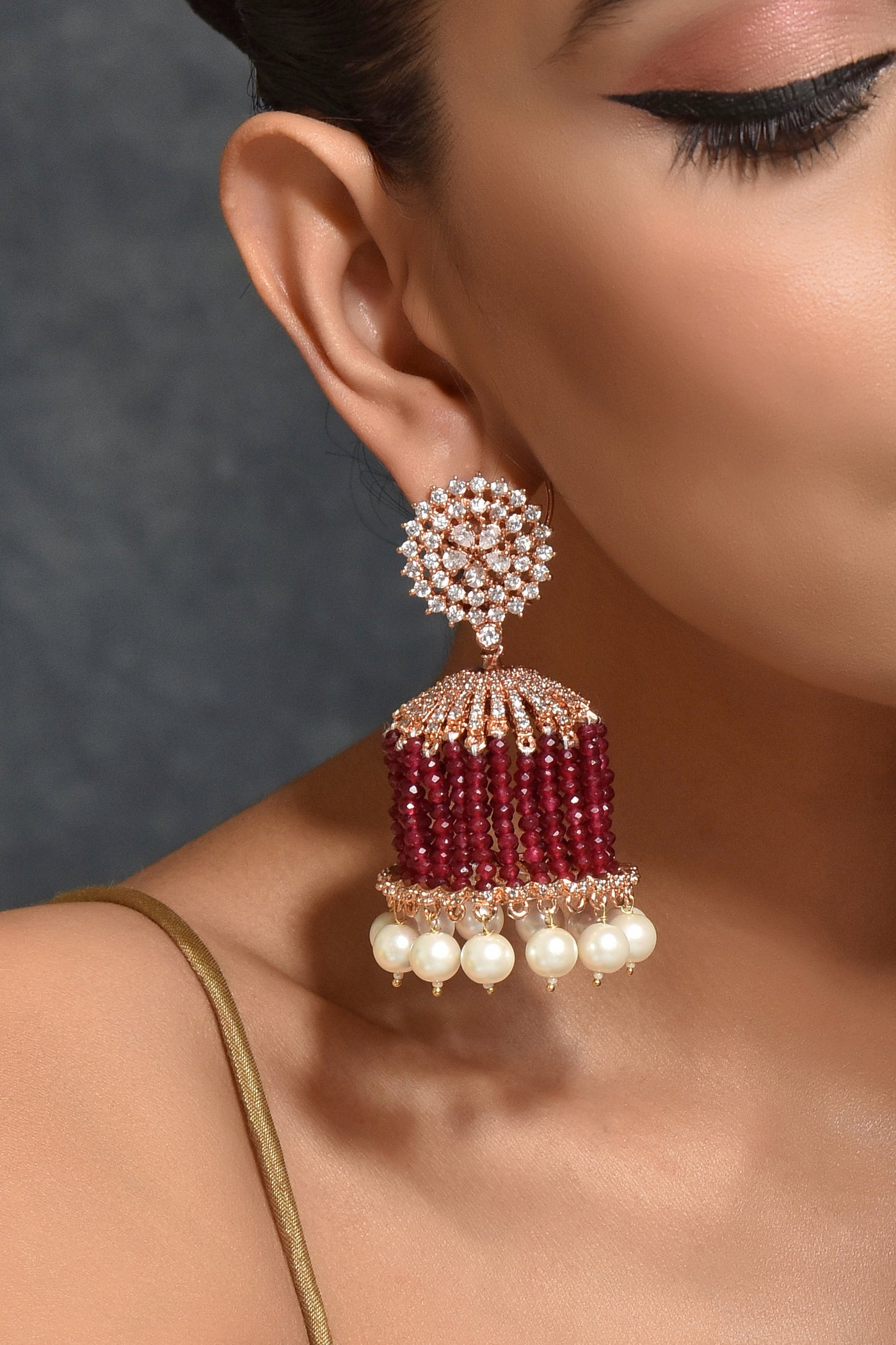 Ruby Chandelier Rose Gold Plated Zirconia Jhumka Earrings