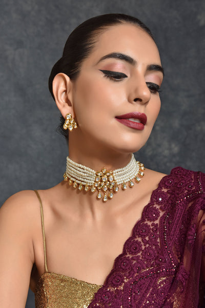 Nidra White Gold Plated Kundan Choker Necklace Set