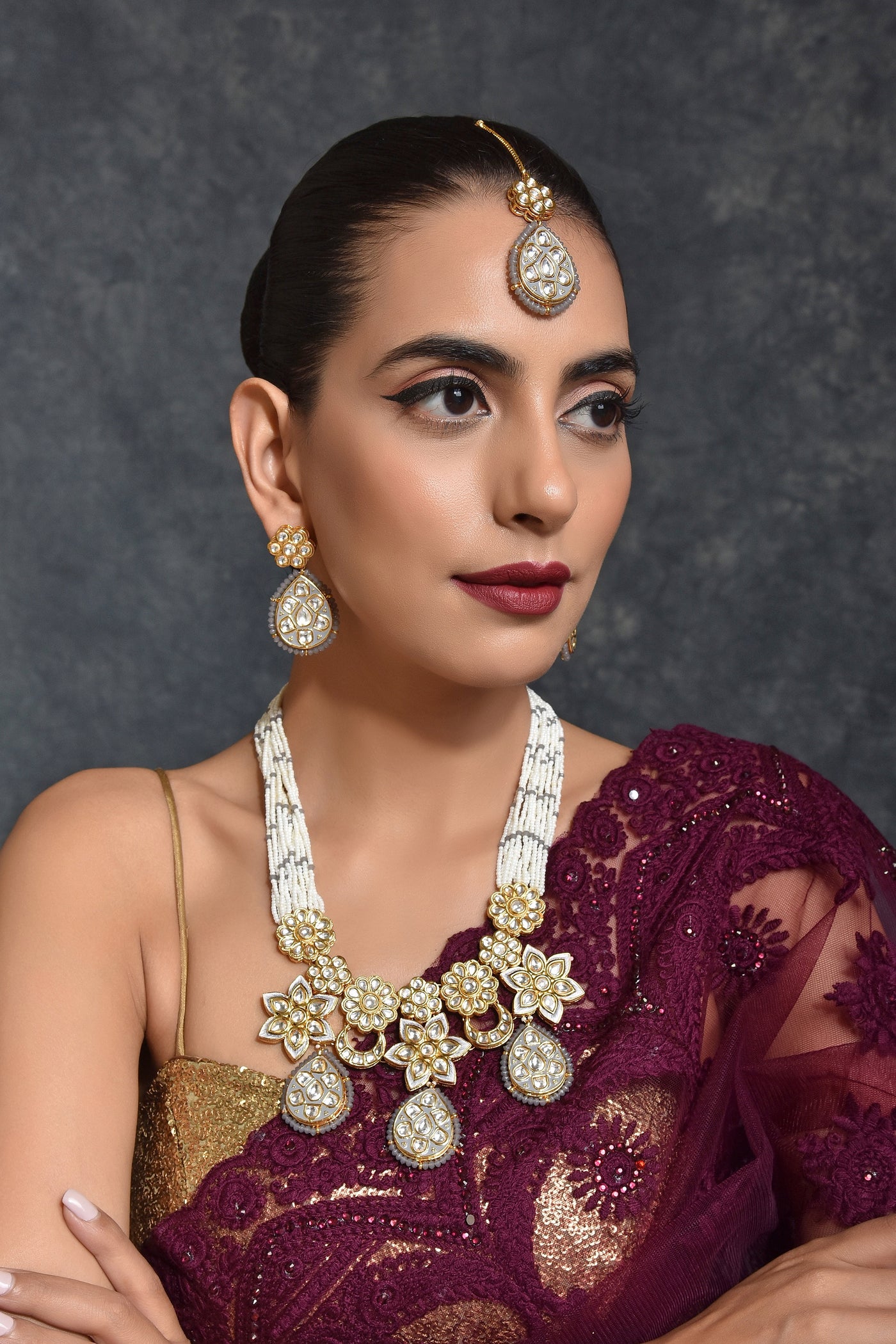 Mandira Grey Gold Plated Kundan Bridal Necklace Set