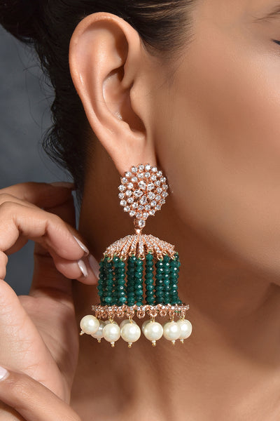 Emerald Chandelier Rose Gold Plated Zirconia Jhumka Earrings