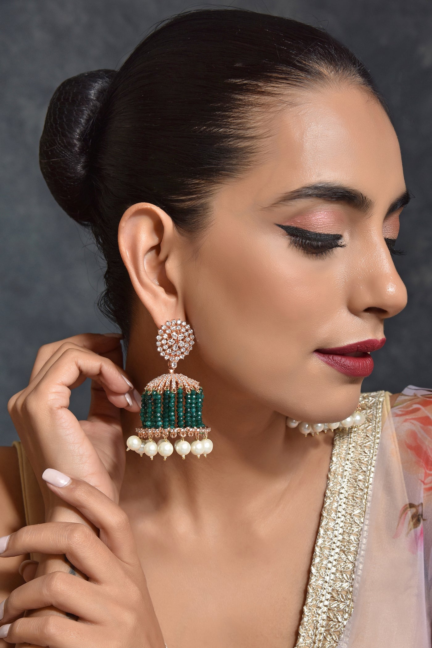 Emerald Chandelier Rose Gold Plated Zirconia Jhumka Earrings