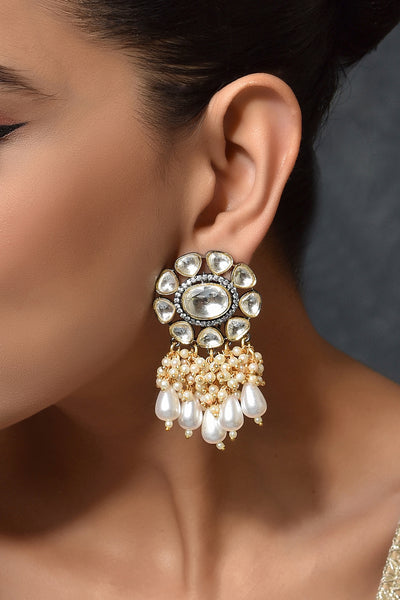Siva White Gold Plated Polki Dangler Earrings