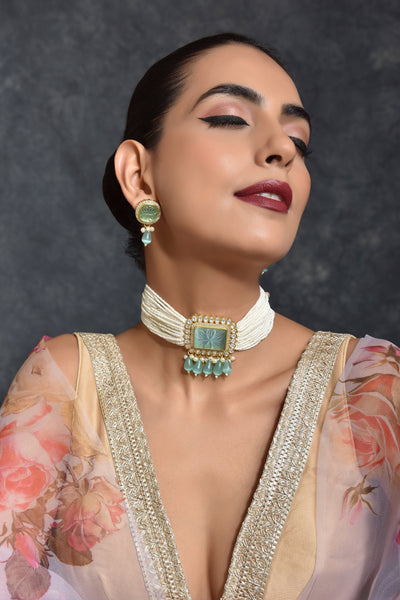 Ranka Green Gold Plated Kundan Choker Necklace Set