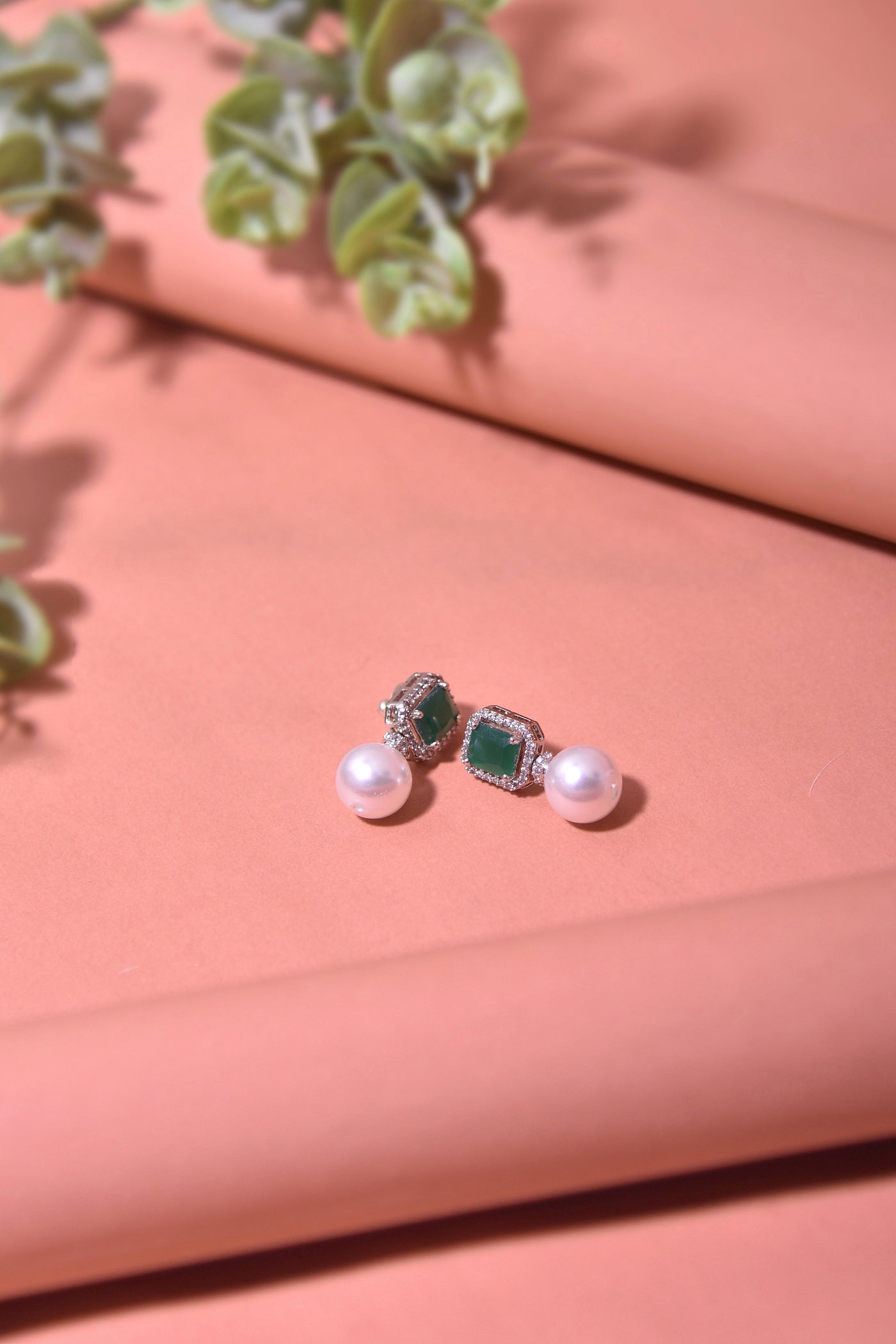 Alicia Pearl Drop Emerald Silver Plated Zirconia Stud Earrings