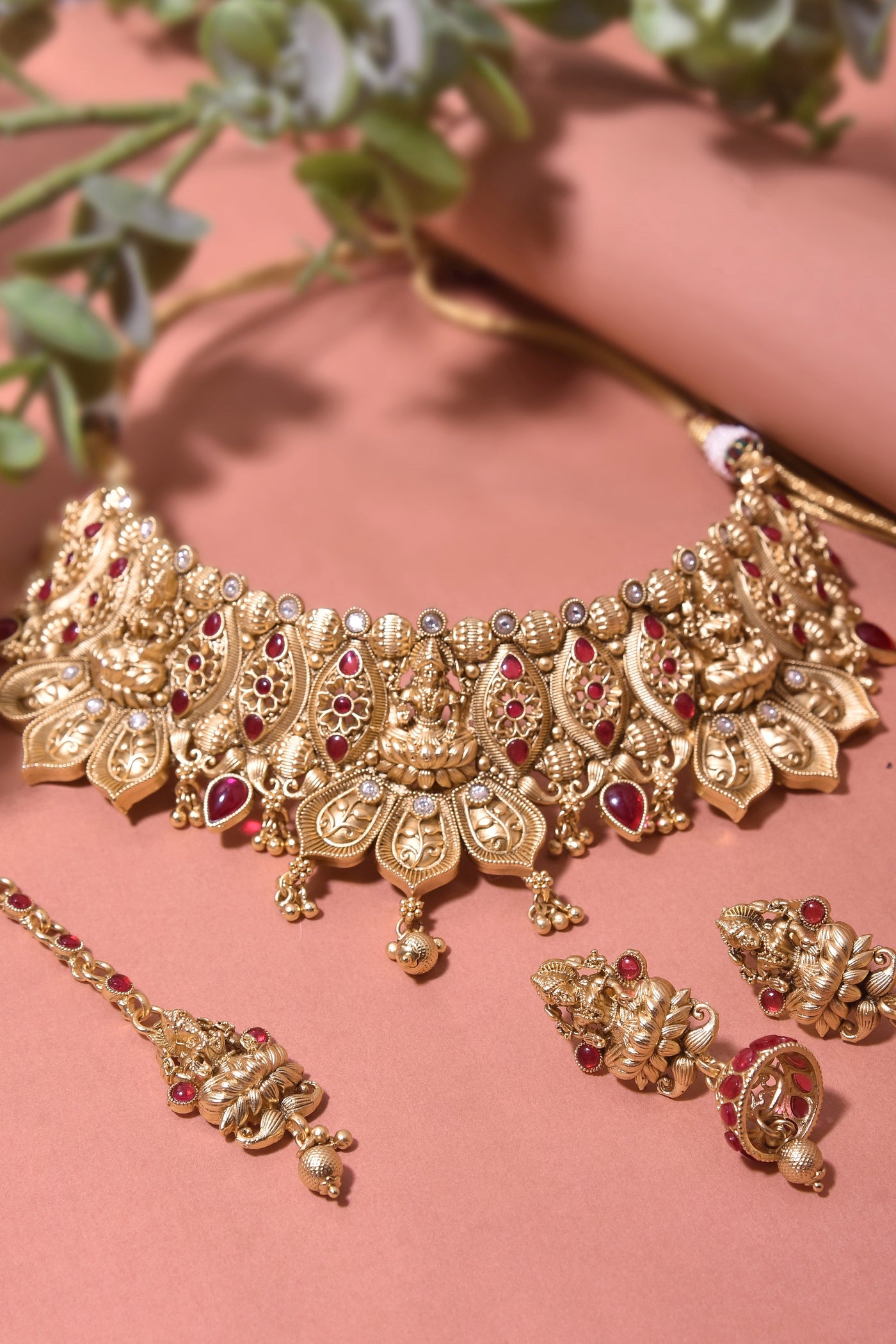Chitralekha Red Temple Choker Necklace Set