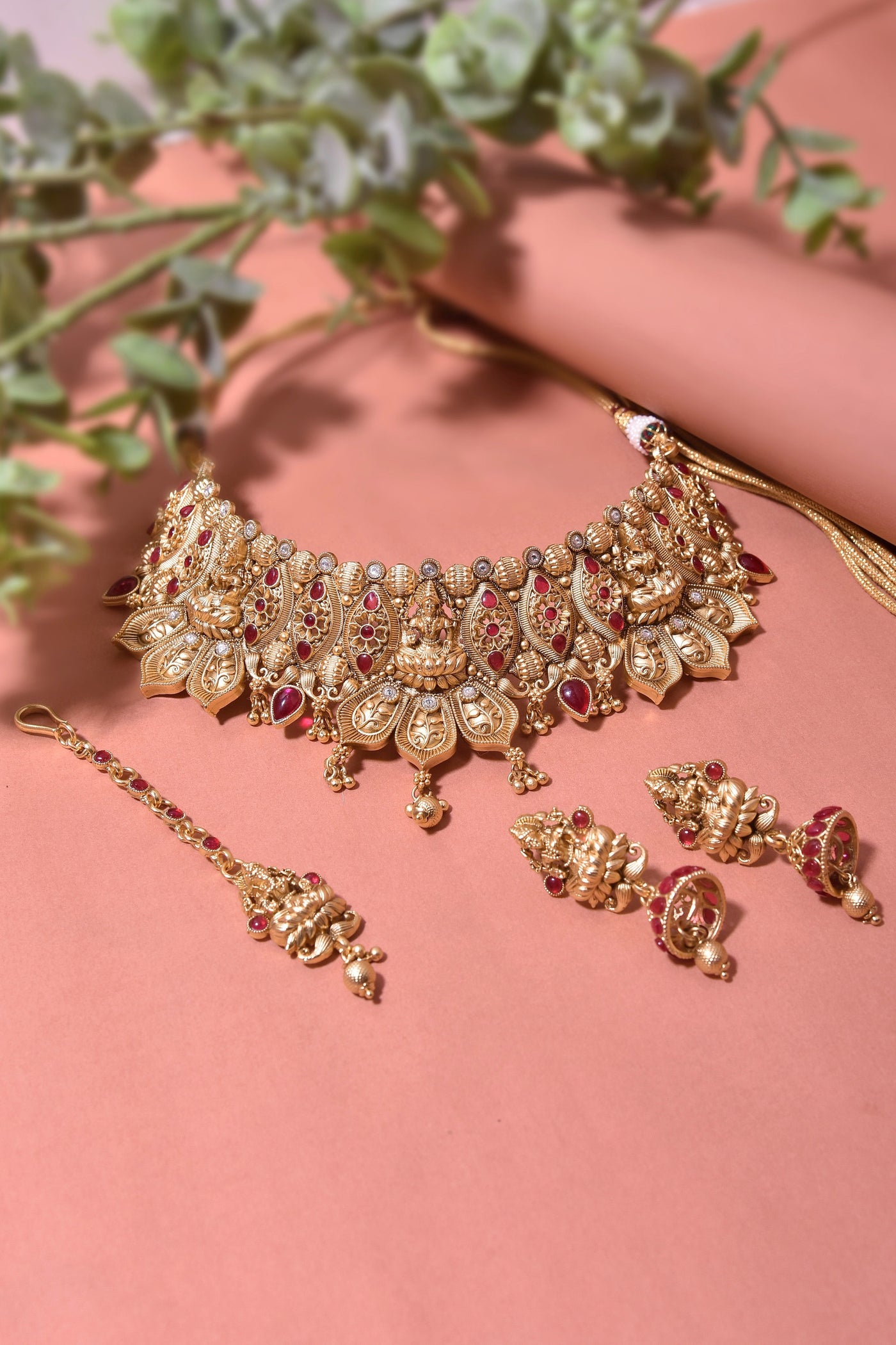 Chitralekha Red Temple Choker Necklace Set