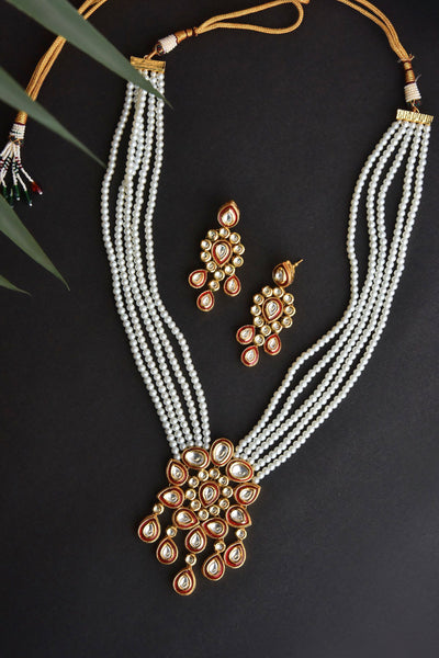 Ina Red Kundan and Pearl Long Necklace Set
