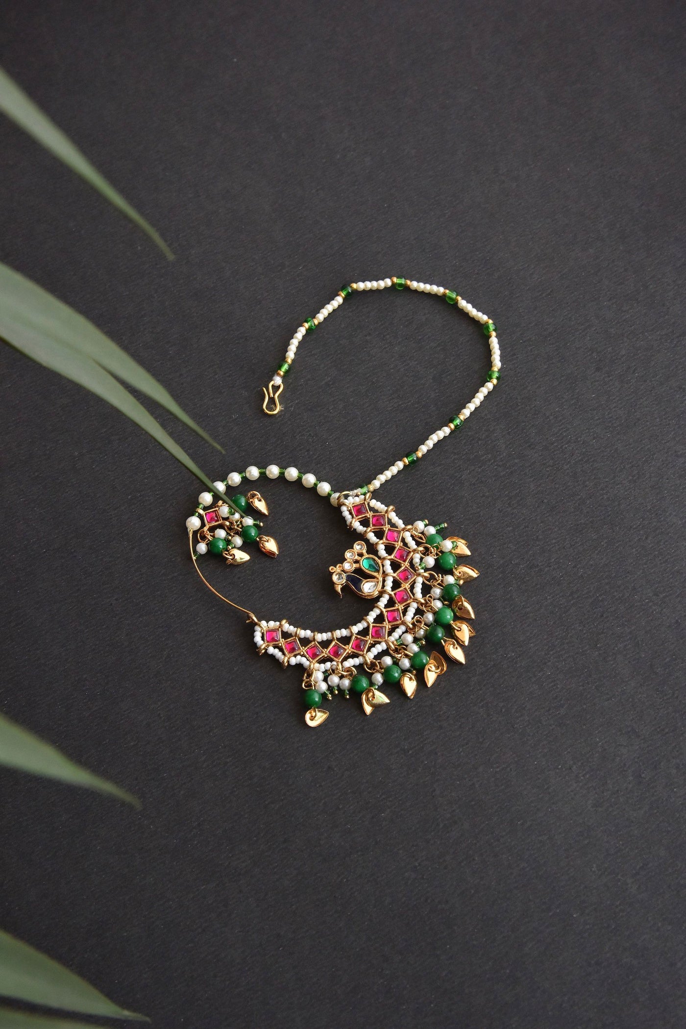 Devika Green and Red Pearl Nose Ring