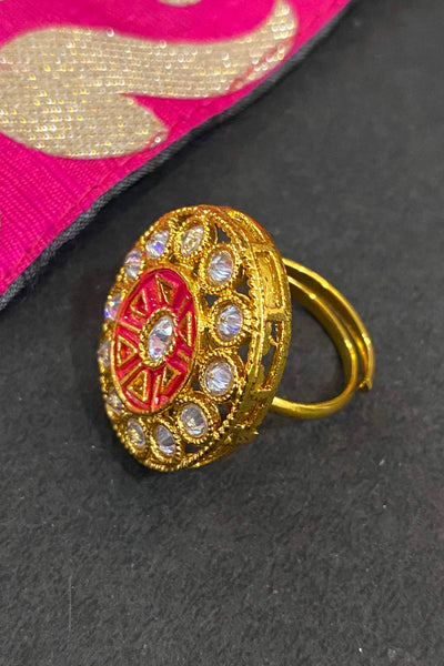 Shama Red Gold Plated Kundan Ring