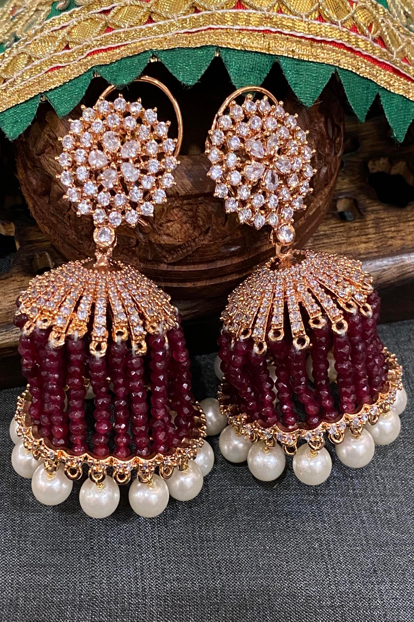 Ruby Chandelier Rose Gold Plated Zirconia Jhumka Earrings
