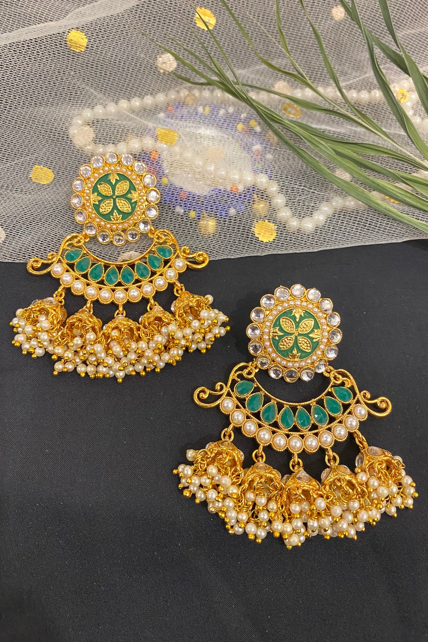 Ranjha Green Gold Plated Kundan Jhumka Earrings