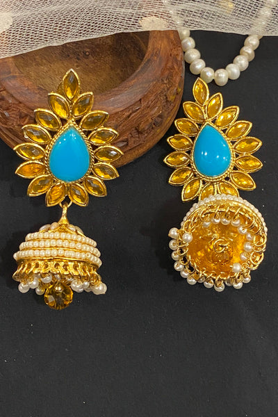 Neerja Blue Gold Plated Kundan Jhumka Earrings