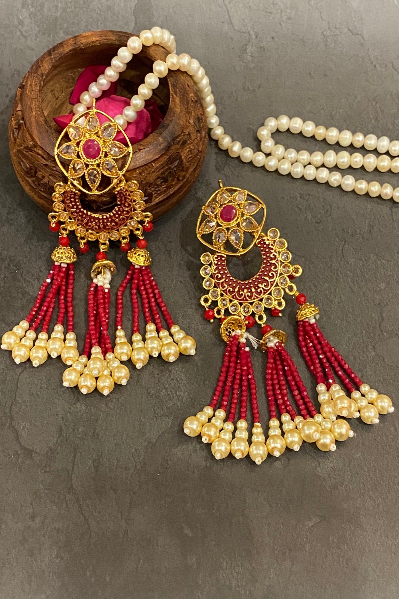 Samyukta Red Gold Plated Kundan Dangler Earrings