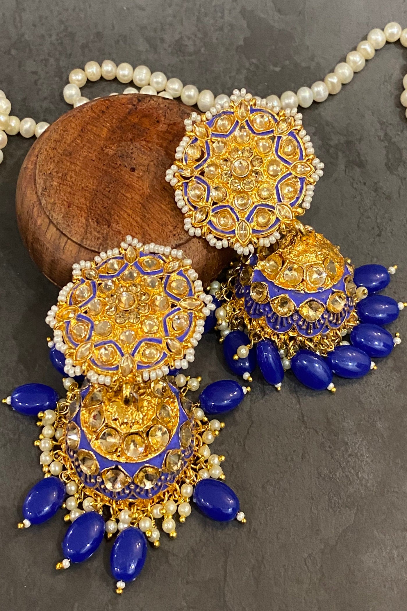 Pahal Blue Gold Plated Kundan Jhumka Earrings