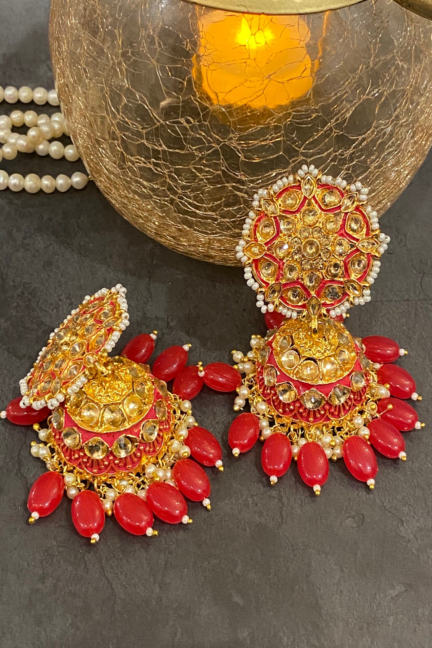 Pahal Red Gold Plated Kundan Jhumka Earrings