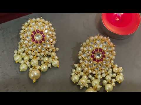 Varini Red Gold Plated Kundan Pearl  Dangler Earrings