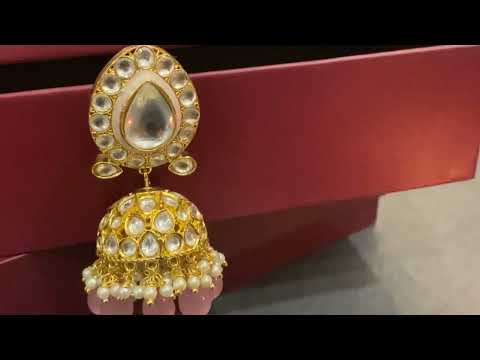 Taheri Pink Gold Plated Kundan Jhumka Earrings